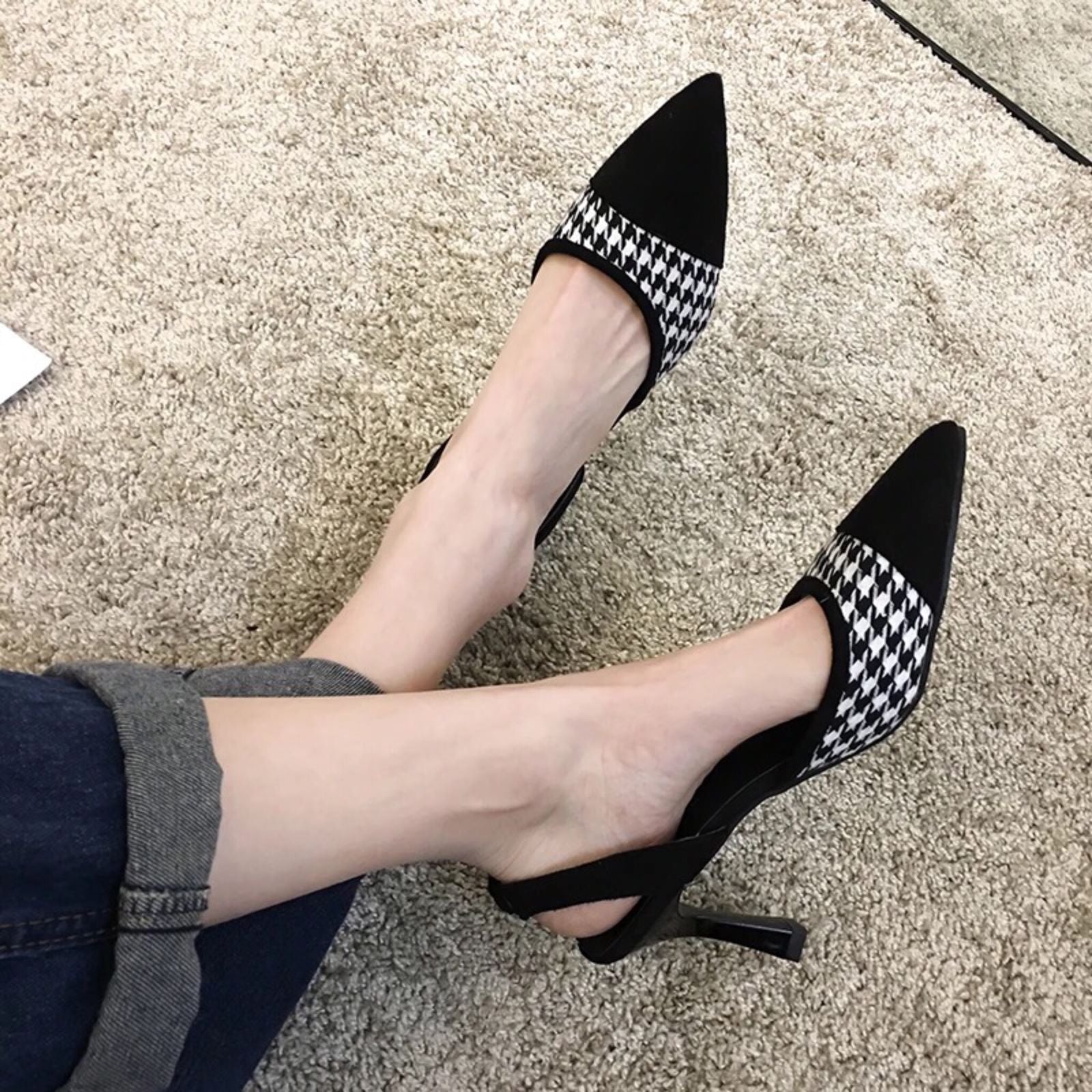 Black Houndstooth Black Toe Heel 👠